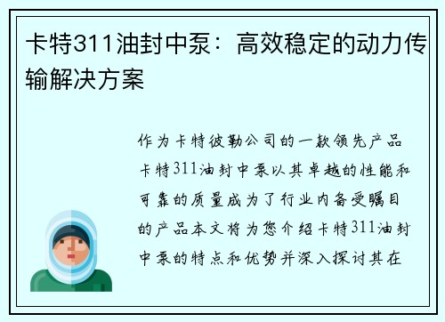 卡特311油封中泵：高效稳定的动力传输解决方案